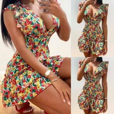 $10.44 • Buy Sexy Womens Floral V Neck Mini Bodycon Dress Ladies Cocktail Party Club Dress
