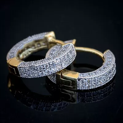 Men’s Small Two Tone Gold Plated Sterling Silver  Iced Cz Huggie Hoop Earrings • $23.99