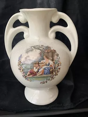 Double Handle Vase Urn W/Victorian Style Courting Couple Scene Vintage White • $13.50