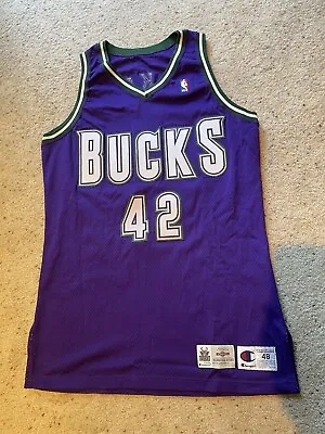 1995-96 Vin Baker Game Worn Signed Bucks Jersey Champion Purple Used Mears JSA • $2750