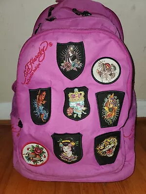 ED HARDY TATTOO FLAIR Patches Pink TROLLEY  BACKPACK Lots Of Pockets Wheels • $30