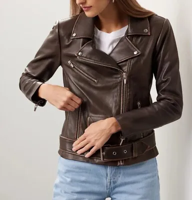 VEDA Leather Jacket Womens XS Brown Distressed Moto Full Zip Biker • $149.99