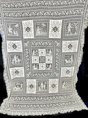 Antique Italian Tape Lace Tablecloth With Figural Scenes Of Months 88x64 Inches • $245