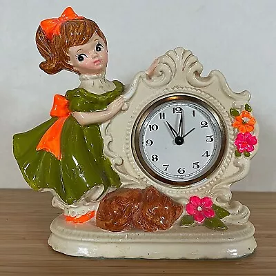 Vintage Chalkware Clock Girl In Green Dress With Cat 6  Tall • $51.34