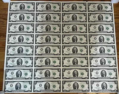 2013 Uncut Sheet 32 $2 Two Dollar Bills Currency Federal Reserve **Crisp Bills** • $169.99