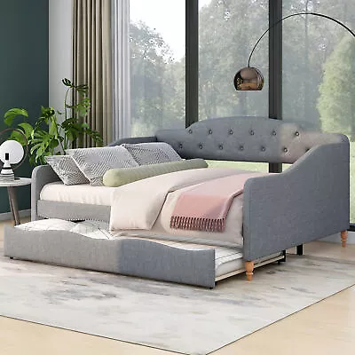 Full Size Vintage Upholstery Daybed With Trundle Gray 17AAE • $300.89