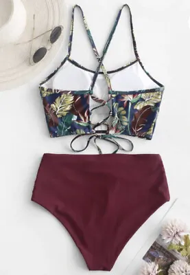 Zaful NWT Leaf Print Crisscross Ruched Bikini Swim Suit Set Size M Red H8 • $17.09