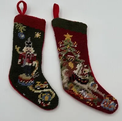 2 Vintage Miniature Needlepoint Christmas Tree Stocking Ornament 9  • $12.95