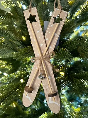 Gisela Graham Wooden Natural Ski's With Bells Rustic Christmas Tree Decoration • £5.99