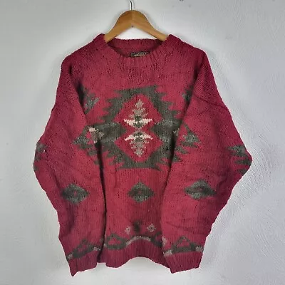 Vintage Eddie Bauer Jumper Mens Medium Red Aztec Navajo Wool Knitted Sweater • £24.95