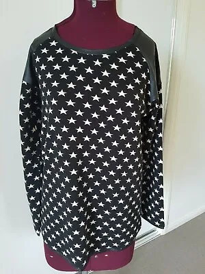 Ladies Size 10 - Black With White Stars Jumper With Leather Look Shoulders • $5