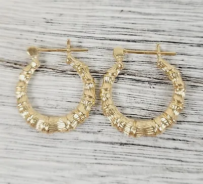 Vintage 14K Yellow Gold Hoop Earrings Bamboo Staple 3/4  Hoops Luxury • $188