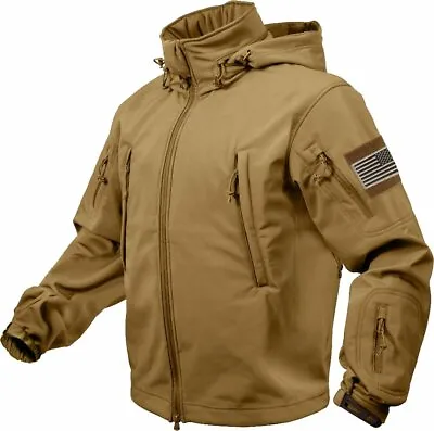 Coyote Brown Special Ops Soft Shell Waterproof Military Jacket W US Flag Patches • $116.99