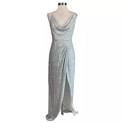 Aidan Mattox Women's Formal Dress Silver Sequined Strappy Back Long Gown Size 6 • $59.99