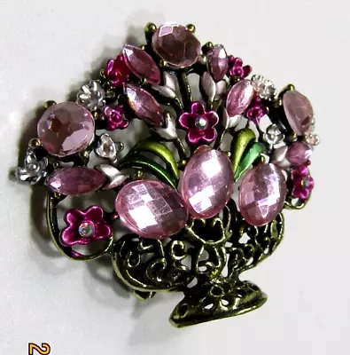 Vintage Enamel Flower Brooch Pin With Basket And Rhinestones • $9.99