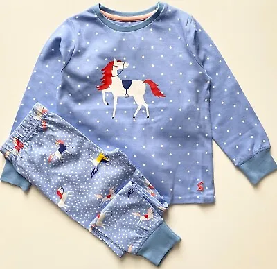 Girls Ex Joules Pyjamas Light Blue Spotty Horse Pony Organic Cotton Cuffed Pjs • £8.95