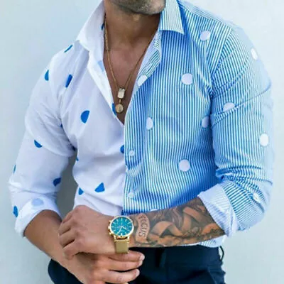 $29.86 • Buy ⭐Button Down Shirt Men Light Blue White Polka Dot Pinstripe Stripe Long Sleeve T