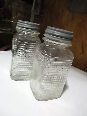 1930s Vintage Square Waffle Glass Canning Jars Hoosier Style W/ Zinc Lids • $28