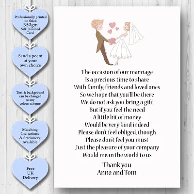 10 Personalised Wedding Honeymoon Gift Money Poem Cards Honeymoon Wish Inserts • £2.50