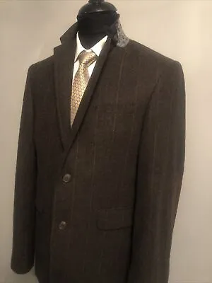 Men EASY Tweed Wool Blend Herringbone Check Brown Elbow Patches Blazer Jacket M • £9.99