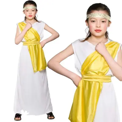 Girls Ancient Greek Girl Costume Fancy Dress Up Party Toga Outfit Kids Age 3-13 • $54.11