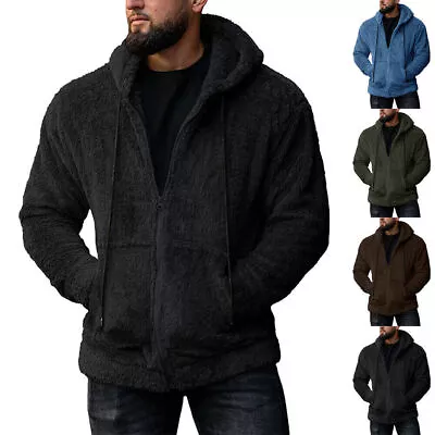 Man's Winter Warm Faux Fur Zip Up Hooded Coats Casual Solid Hoodies Outwear New^ • £18.19