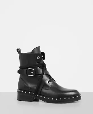 All Saints Dakota Military Boot Studded Flat Black Boots Shoes Size 5 UK5 • £80.90