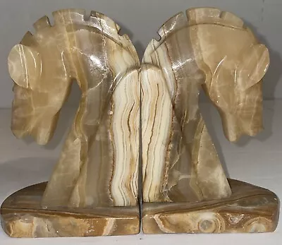 Vtg Trojan Horse Bookends MCM Carved Onyx Marble Stone Chess Knight Mythology • £37.99