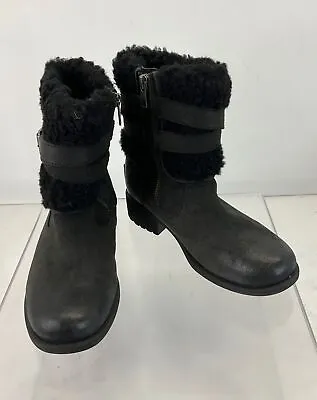 UGG Blayre III Black Leather & Wool Buckle Accent Side Zip Boots Size 5.5 • $15