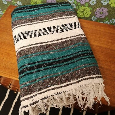£19.99 • Buy Mexican Green Grey Black Beige Woven Stripy Falsa Yoga Blanket / Throw 68 X44 