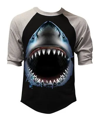 Men's Shark Face Huge Animal Print Black Baseball Raglan T Shirt Beast Dope Tee • $14.99