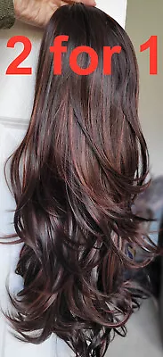 2 X 3/4 Wigs Half Wig Dark Brown Auburn Highlights Wavy Hair Piece 22  • £18.99