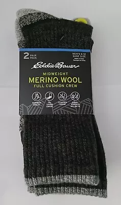 Eddie Bauer Midweight Merino Wool Full Cushion Black 2CrewPairSock Sz. 6-12 TAG • $11.99