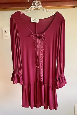 VAVA By Joy Han Drop Waist Tie Front Gathered Sleeves Burgundy Tunic Dress XS • $7.99