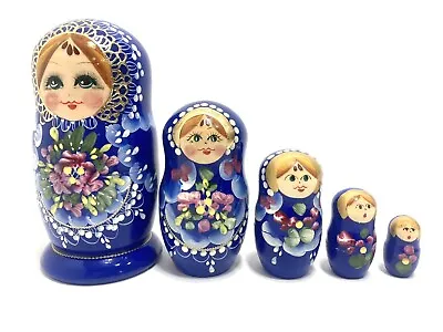 Russian Matryoshka Nesting Dolls 5 Piece Hand Painted Gilded Wood Blue Floral • $15