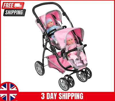 Silver Cross Dolls Pram Twin Wave Stroller Tandem Pushchair Toy Double Buggy NEW • £69.94