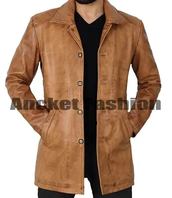 Leather Trench Coat-Mid Length Coat For Men-Khaki Sheep Coat-Trench Coat For Men • $128