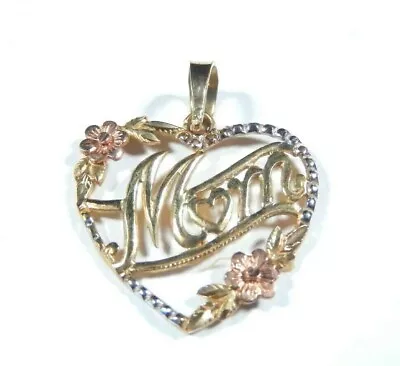 10K Tri Color Gold Mom Heart With Flower Charm Pendant - 3/4  X 11/16  • $49