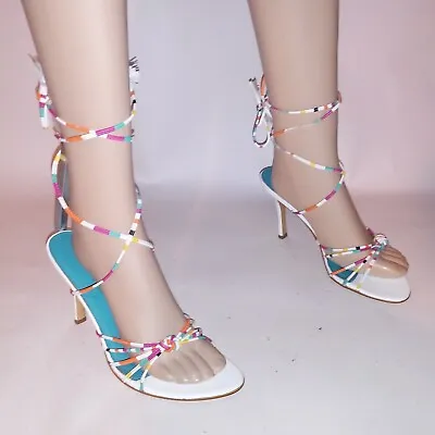 Colin Stuart Shoes Womens Size 8 White Multi Heels Strappy Sandals Open Toe • $38.99