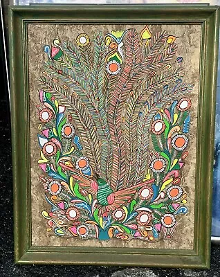 Mexican Folk Art Painting Of Bird Flowers Amate Bark Paper Framed • $75