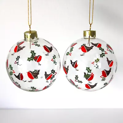 £13 • Buy Set Of 2 Clear Glass Robin & Holly Christmas Baubles By Gisela Graham