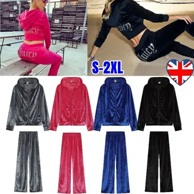 Womens Ladies Long Sleeve Jogging Loungewear Velour Velvet Hoodies Tracksuit Set • £26.87