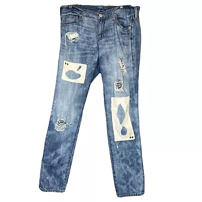 True Religion Cameron Slim Boyfriend Patch Jeans Womens 29 Studded Distressed • $24.95