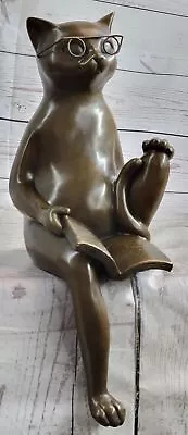 Cat In Eyeglasses Reading A Book Bronze Metal Figurine Sculpture Signed Art • £216.46