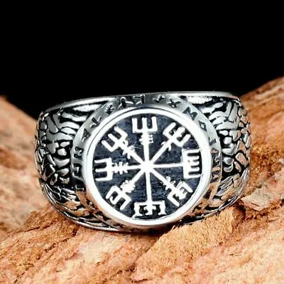 Mens Nordic Viking Rune Vegvisir Compass Ring Stainless Steel Size 7-15 Gift • $7.99