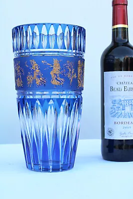 VAL SAINT LAMBERT Belgian Crystal Vase Blue Glass Danse De Flore Gold • $696.50