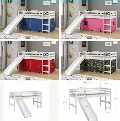 $372 • Buy White Solid Pine Wood Twin Junior Loft Bed With Slide & Tent Pink Red Cameo Blue