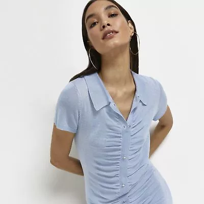 £7 • Buy River Island Womens T-Shirt Dress Blue Short Sleeve Ruched Collared Knitted Mini