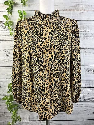 J Crew Blouse Size Medium Brown Black Cheetah Leopard Ruffle Career Evening Suit • $29.97