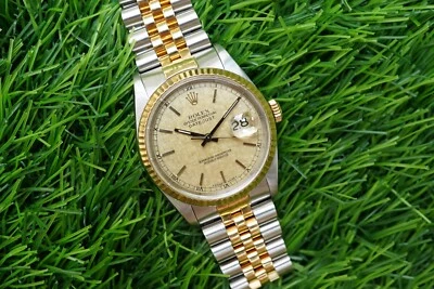 $5200 • Buy Rolex DateJust 16233 36mm 1990 Champagne Linen Dial 18K TwoTone Jubilee Bracelet